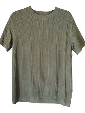 Lucky Brand Men Small S Olive Green Ribbed Short Sleeve Knit Sweater Shirt